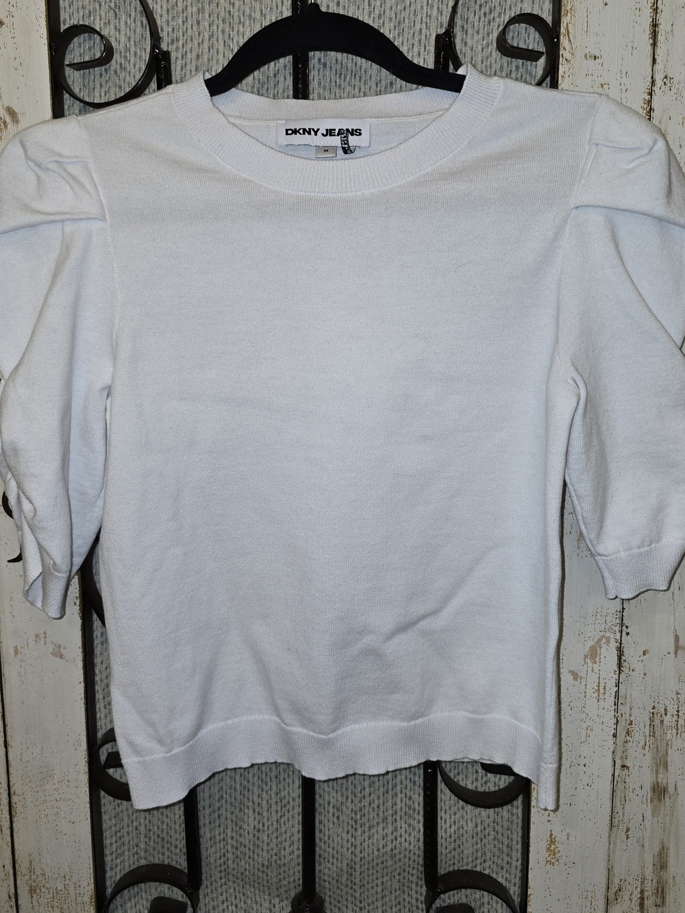 DKNY White Crewneck Knit Top with Puff Shoulders